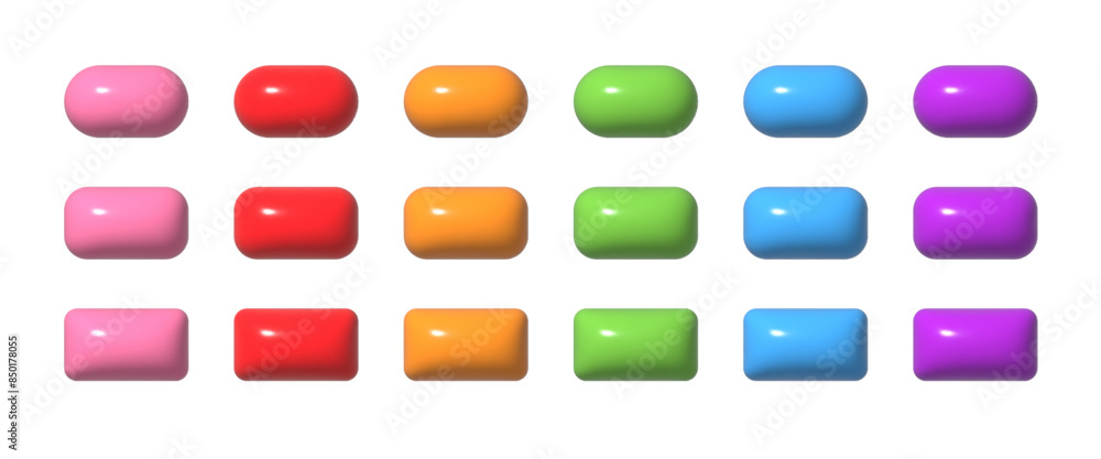 Poster colorful 3d buttons collection. ui ux design elements set. realistic glossy squared and rounded badg