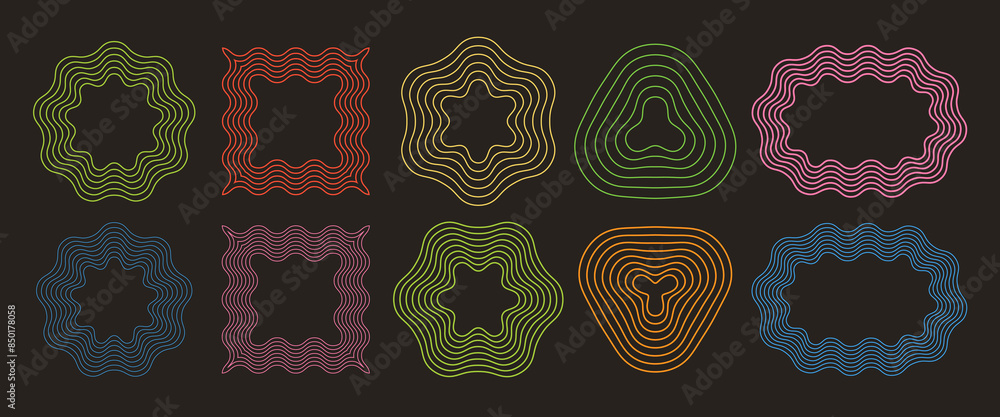 Poster abstract stripy shapes collection. different rounded organic form set with lines
