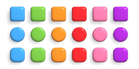 Colorful 3d buttons collection. UI UX design elements set. Realistic glossy squared and rounded badges.