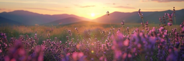 Obraz premium Blooming lavender in a field at sunset. Beautiful background