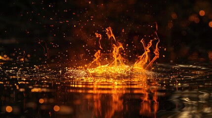 A close-up view of flames burning on the surface of a body of water, with ripples and reflections adding texture to the scene