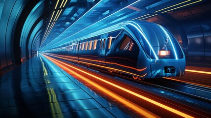 A train is traveling down a tunnel with bright lights