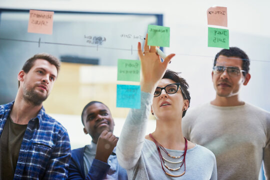 Team, female speaker and sticky notes on glass for timeline, strategy and brainstorming in workshop. Woman leader, presentation and group training in boardroom for idea, collaboration and instruction