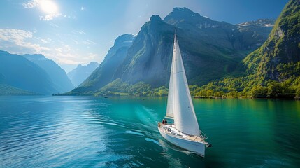 Naklejka premium A sailboat glides across the crystal-clear waters of a tranquil fjord, surrounded by majestic mountains and lush greenery.