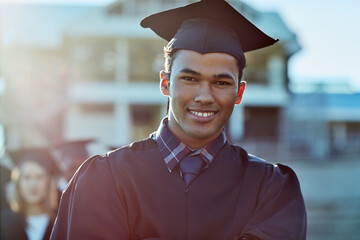 Graduation, man and portrait for success, hat and outdoor with smile and happiness for goal....