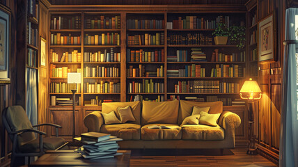 Room with bookshelves, couch, chair