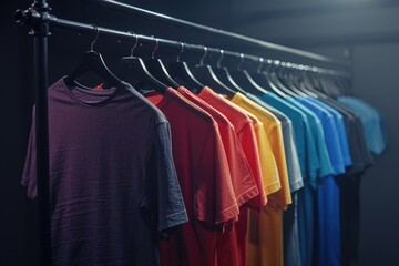 Obraz premium A clothing rack with various colorful shirts hanging from it, great for use in fashion, lifestyle or commerce contexts