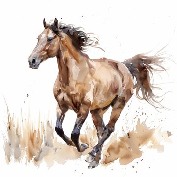 Watercolor painting of a horse galloping across a field, with flowing mane and tail captured in fluid strokes, on isolated white background, Generative AI