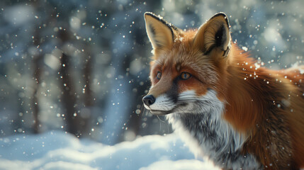 Fototapeta premium Close-up Shot of a Curious Red Fox in Snow. The fox's vibrant orange fur contrasts beautifully against the white snow, with delicate snowflakes visible on its coat and in the air.