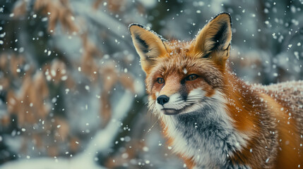 Obraz premium Close-up Shot of a Curious Red Fox in Snow. The fox's vibrant orange fur contrasts beautifully against the white snow, with delicate snowflakes visible on its coat and in the air.