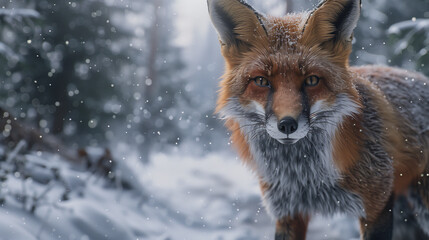 Obraz premium Close-up Shot of a Curious Red Fox in Snow. The fox's vibrant orange fur contrasts beautifully against the white snow, with delicate snowflakes visible on its coat and in the air.