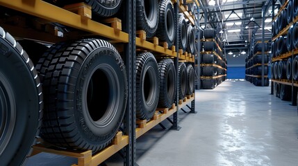 New tire is placed on the tire storage rack on warehouse, Car tires. copy space for text.