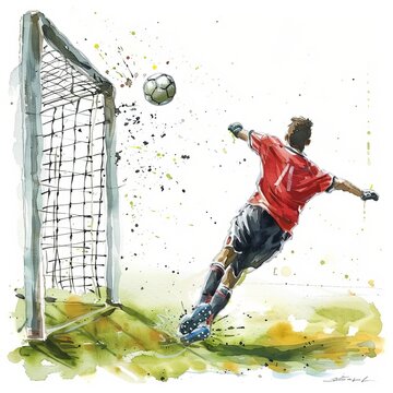 Watercolor painting of a soccer player scoring a goal, with the ball soaring into the net amidst a flurry of action, on isolated white background, Generative AI