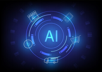 digital technology online shopping with icons on blue abstract background, ecommerce business, online shopping payment concept, vector illustration