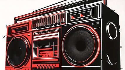 A red radio that is on display with a yellow star behind it.