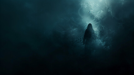 Fototapeta premium shadowy figure amidst swirling mist in a dark and enigmatic atmosphere