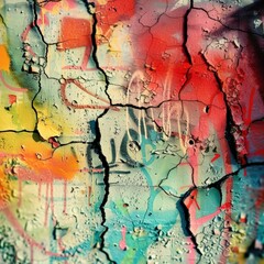 Colorful cracked wall graffiti with vibrant paint and abstract designs, showcasing urban art and street creativity.