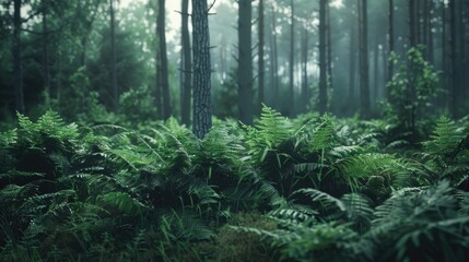 Fototapeta premium A dense forest with lush green vegetation and plenty of foliage