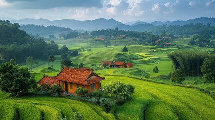 A yellow house sits in a field of flowers