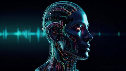 A futuristic artificial intelligence computer head with glowing lines and data