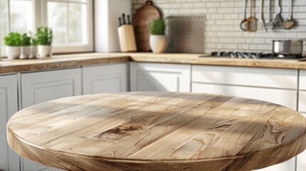 Empty beautiful round wood tabletop counter on interior in clean and bright kitchen background