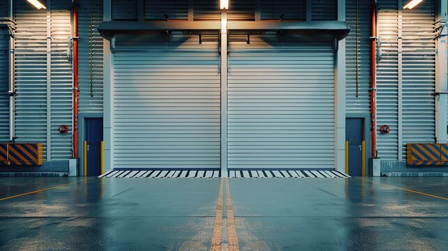 Roller door using for factory or warehouse, Industrial building background. copy space for text.