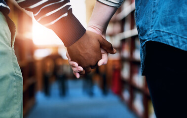 Holding hands, love and interracial friends with partnership, connection and support for education....