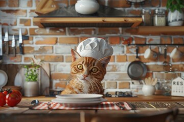 A curious cat wearing a chef's hat sits on a table, ready to cook up some fun