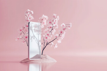 A sleek modern smartphone is artfully placed amid delicate pink cherry blossoms, blending technology with nature's beauty in a serene and stylish composition