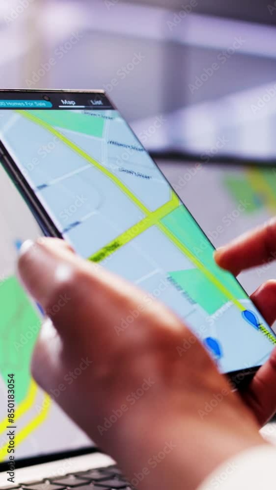 Poster real estate agent locating property with gps navigation map on smartphone