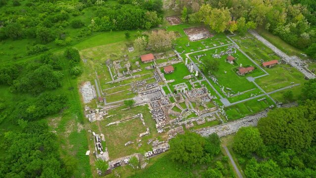 Drone view Ruins of Roman and early Byzantine city of Nikopolis ad Istrum. Archaeological reserve 'Nicopolis ad Istrum'. Veliko Tarnovo. Bulgaria.
