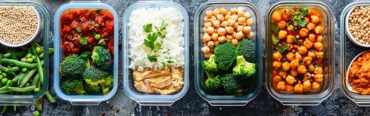 Overhead view of meal prep containers filled with various types of food such as vegetables, grains, and proteins