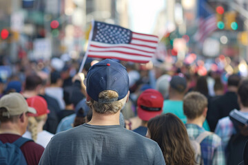 Crowd of people with American flag back view, rally and protest on city street, celebrating freedom and independence, USA flag and independence day