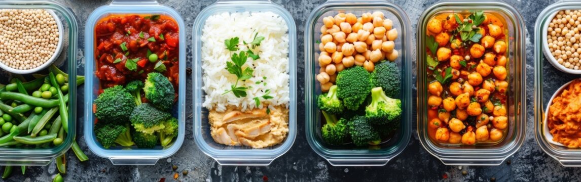 Overhead view of meal prep containers filled with various types of food such as vegetables, grains, and proteins