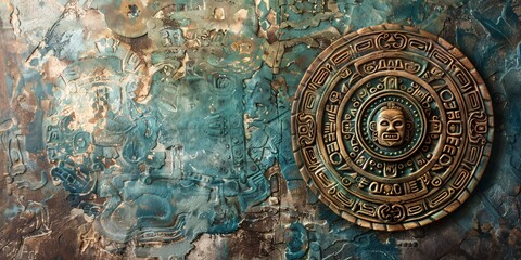 Naklejka premium Traditional Native American design with ancient Mesoamerican calendar on aged wall. Blank area texture.