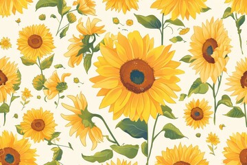 Obraz premium Vibrant Blooms: Seamless Pattern with Graphic Sunflowers and Swirling Vines