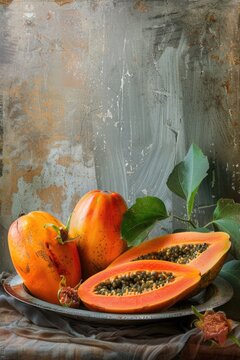 Fresh papanas arranged with leaves on a wooden table, great for food styling or as a prop in your scene