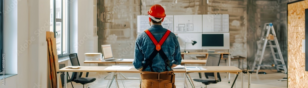 Poster construction architect using laser level to demonstrate potential changes in empty office