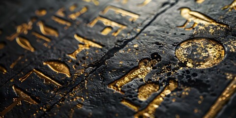 Weathered Stone Wall with Ancient Egyptian Hieroglyphs and Gold Accents. Concept Ancient Architecture, Egyptian Hieroglyphs, Stone Wall, Gold Accents, Weathered Texture