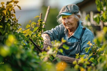 A woman wearing overalls tends to a garden, great for stock photos of gardening or agriculture