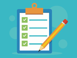 Detailed setup of a clipboard with gears and magnifying glass. Flat design of a business evaluation concept with to do list. Creative workspace illustration with check list, gears, and tools on blue