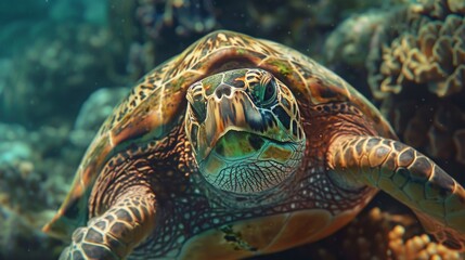 Fototapeta premium A beautiful sea turtle glides gracefully through the vibrant coral reef, its flippers paddling effortlessly as it explores the underwater world.