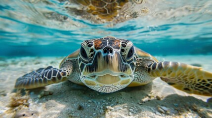 Obraz premium A beautiful sea turtle swims in the ocean. The turtle is green and has a yellow belly. The turtle is looking at the camera.
