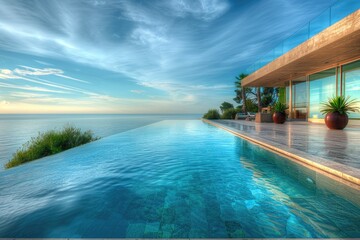 Fototapeta premium A serene scene of a swimming pool overlooking the vast expanse of the ocean, perfect for relaxation or inspiration