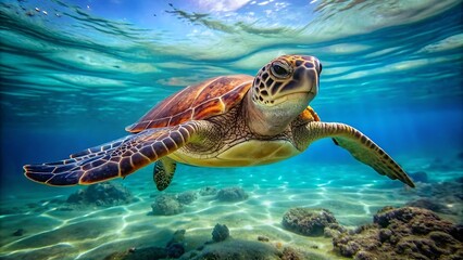 Fototapeta premium Green sea turtle swimming underwater in the ocean.AI GENERATED