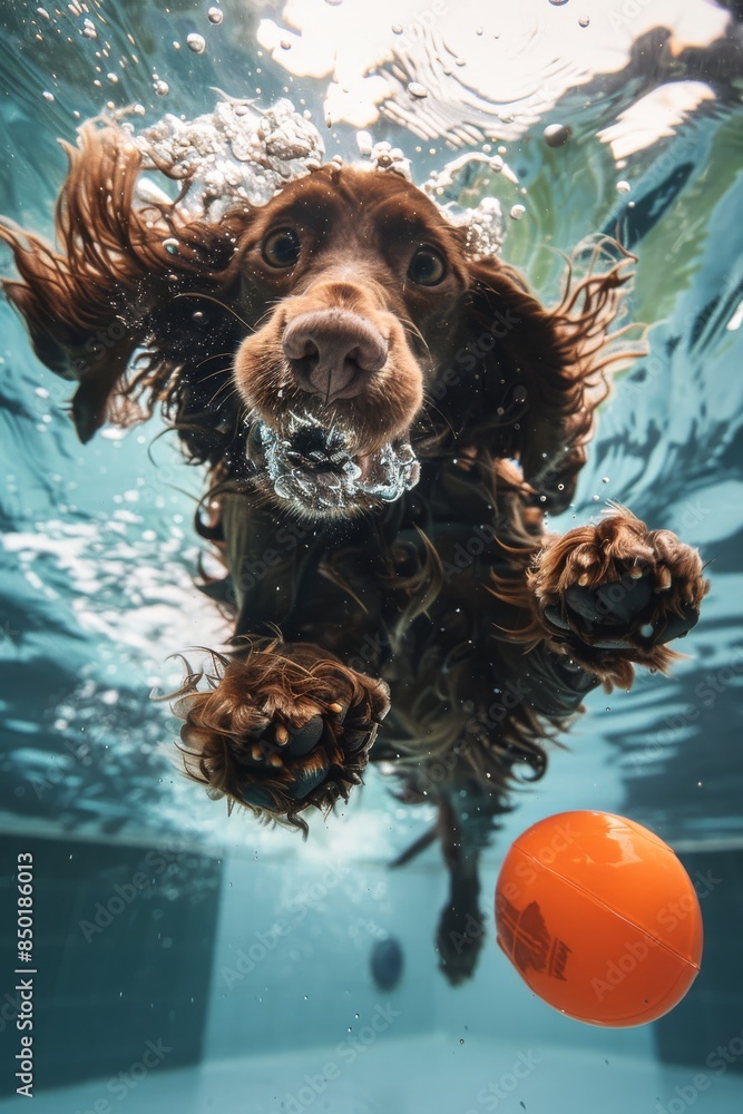 Sticker a dog is swimming in a pool with an orange ball in its mouth