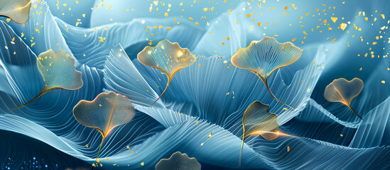 Obraz premium ginkgo leaf pattern and golden line art on blue minimalism texture background