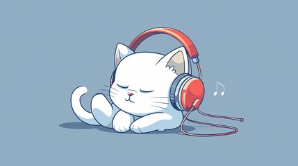 A white cat wearing headphones is laying down and listening to music