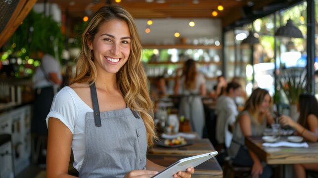 Middle-aged female restaurant owner standing and holding a clipboard in a restaurant setting