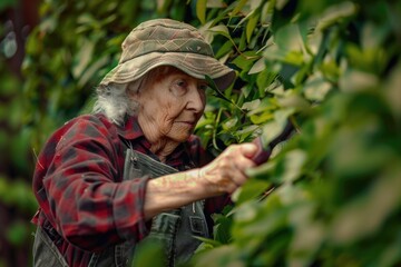 Obraz premium A woman in a hat is gathering leaves from a tree, possibly for crafting or decoration